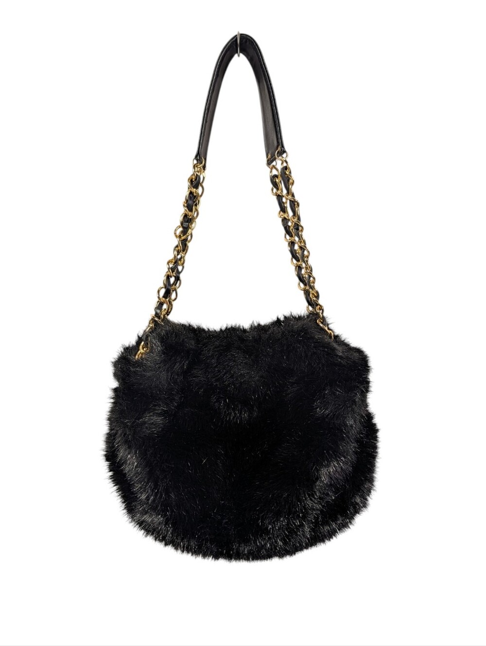 Apt. 9 Women's Black Faux Fur Hobo Bag Gold Chain Strap Heart Charm Y2K